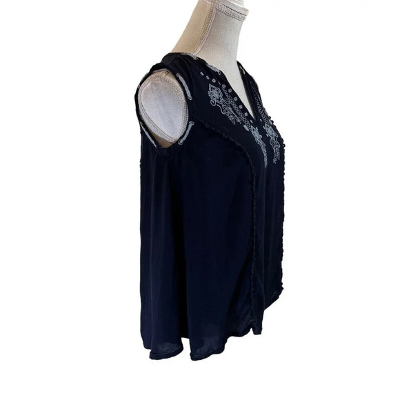 Knox Rose Blue Embroidered Blouse XS Sleeveless Flowers V Neck Boho Embellished - Picture 2 of 7